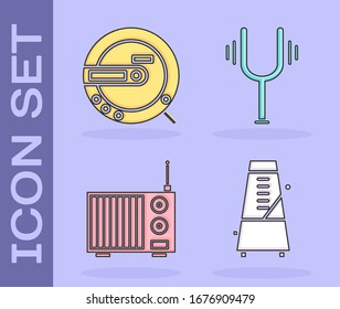 Set Metronome with pendulum in motion, Music CD player, Radio with antenna and Musical tuning fork icon. Vector