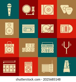 Set Metronome with pendulum in motion, Musical tuning fork, Vinyl disk, CD DVD, VHS video cassette tape, Stereo speaker, Microphone and player vinyl icon. Vector