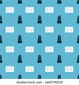 Set Metronome with pendulum in motion and VHS video cassette tape on seamless pattern. Vector