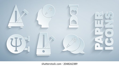Set Metronome with pendulum, Old hourglass, Psychology, Psi, Addiction to the drug,  and  icon. Vector