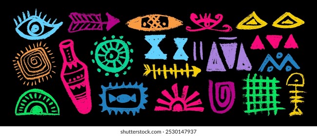 Conjunto de sinais e símbolos coloridos mexicanos e astecas. Abstrato ídolos astecas totem, antiga civilização inca maya sinais tradicionais primitivos. Ornamento vetorial de nativos americanos, aztecas, maya, incas.