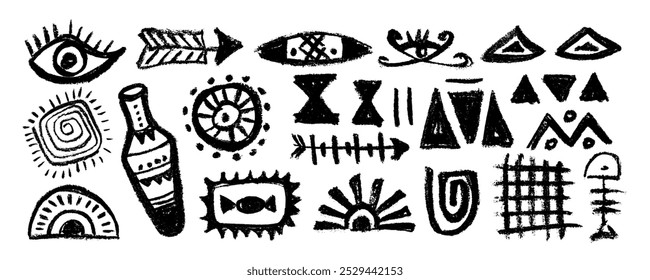 Conjunto de sinais e símbolos mexicanos e astecas. Abstrato ídolos astecas totem, antiga civilização inca maya sinais tradicionais primitivos. Ornamento vetorial de nativos americanos, aztecas, maya, incas.