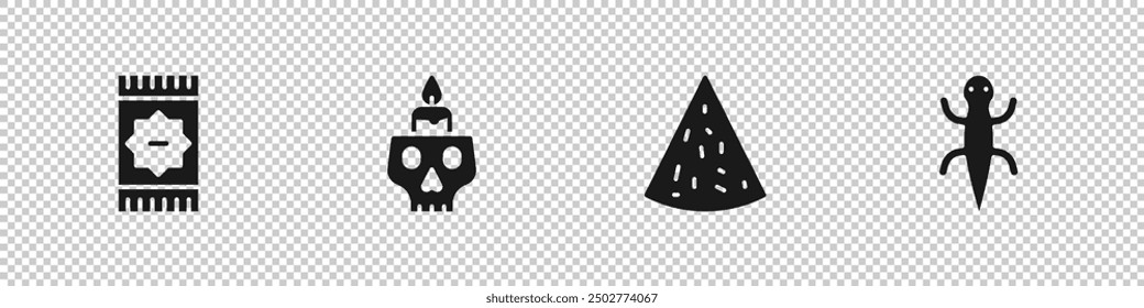 Set Mexican carpet, Burning candle on skull, Nachos and Lizard icon. Vector