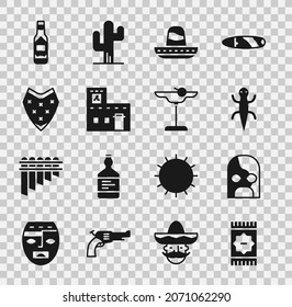 Set Mexican carpet, wrestler, Lizard, sombrero, house, Poncho, Tabasco sauce and Margarita cocktail icon. Vector