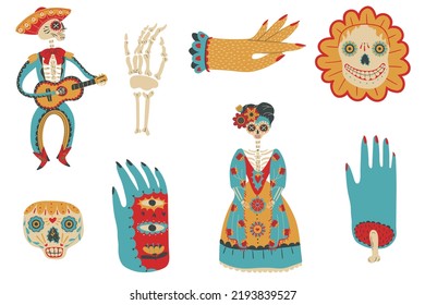 Set of mexican characters, skeletons, sugar skulls and hands for the day of the dead