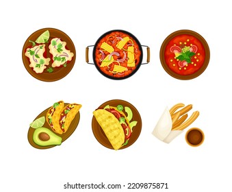 Set of Mexican cuisine traditional dishes, top view cartoon vector illustration