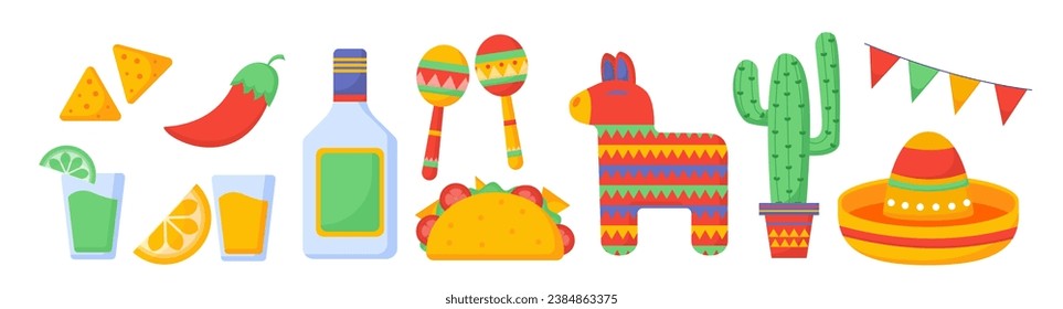 Set of mexican culture concept. Maracases and chillie, cactus and sombrero. Taco and tequilla. Drink with lime and lemon. Cartoon flat vector collection isolated on white background