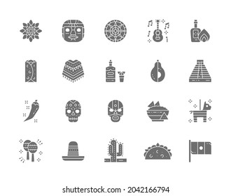 Set of Mexican Culture Grey Icons. Tequila, Burrito, Poncho, Agave and more.