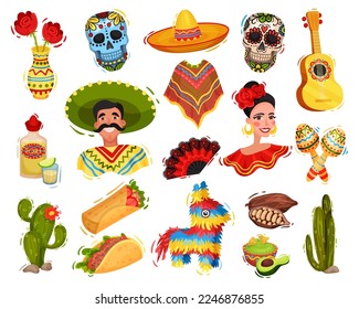 Set of Mexican culture symbols. Mexican man, woman, guitar, sugar skull, maraka, pinata, cactus, taco, burrito cartoon vector