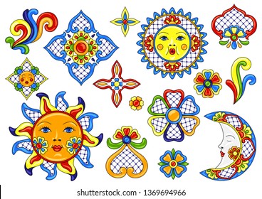 Set of mexican cute naive art items. Traditional decorative objects. Talavera ornamental ceramic. Ethnic folk ornament.