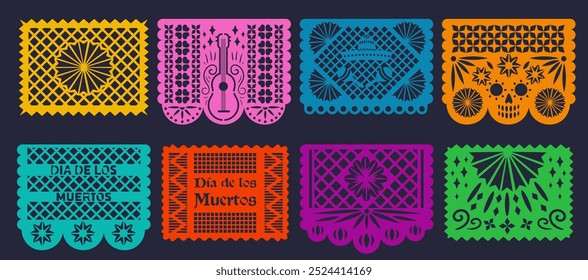 Set von mexikanischen dekorativen Papel Picado Girlande mit Ornament, Sombrero Hut und Maracas. Papier schneiden Fahnen, Tag der Toten Muster Girlande