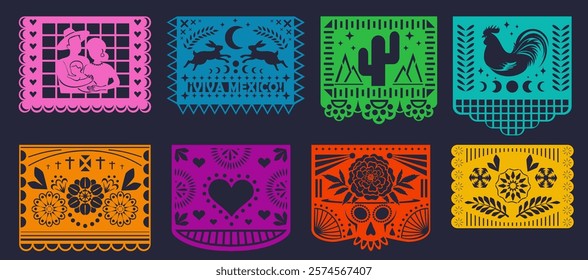 Set of Mexican Decorative Papel Picado Garland with Ornament, Sombrero Hat and Maracas. Paper Cutting Flags, Day of the Dead Pattern Garland