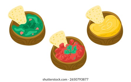 Conjunto de mergulhos mexicanos em tigelas de madeira com lascas de tortilla, incluindo guacamole, salsa e molho de queijo. Conceito de lanche tradicional, aperitivo festivo e deliciosa comida de festa.
