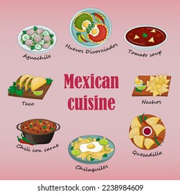 Set of Mexican dishes on pink background. Latin American traditional culture. Vector image. Cartoon.