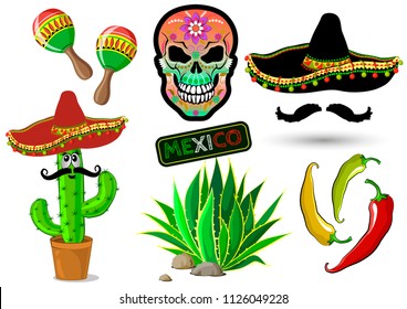 Set of Mexican elements: cactus, sombrero, agave, maracas, skull, hot pepper. Vector illustration.