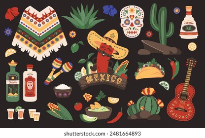 Conjunto de Elementos mexicanos aislados. Comida mexicana, patrón, cultura, sombrero, calavera, maracas, guitarra. Adorno tradicional. Diferentes símbolos para decoraciones de fiesta, carnaval, vacaciones. Ilustración vectorial