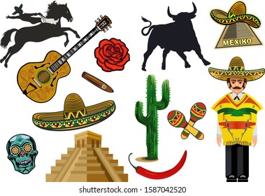 Set of Mexican elements, skull, sombrero, Guitar, flowers. 