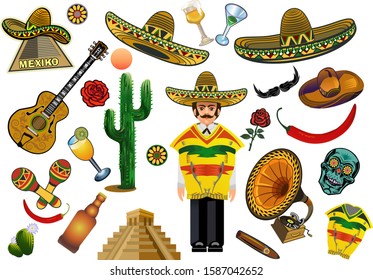 Set of Mexican elements, skull, sombrero, Guitar, mustache, flowers. 