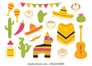 Set of mexican elements of skulls, pinato, sambrero, cacti isolated on white background. Vector illustration. Hand drawn collection of mexican elements.