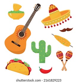 Conjunto de elementos mexicanos. Sombrero sombrero, guitarra, Maracas, tacos, nachos con guacamole e íconos de maíz aislados en fondo blanco. Carnaval, mascarada, fiesta, accesorios festivos. Ilustración vectorial.