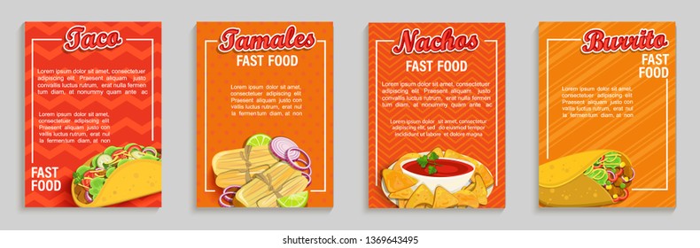 Set of mexican fast food shop flyers,banners.Set of taco,tamales,nachos,burrito menu pages for caffee, resaurant. Takeaway snack,poster,card for cafeteris,truck advertise.Template for design,vector