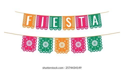 Set of Mexican flags. Decorations for holidays, weddings, parties, birthdays in Mexican style. Isolated vector illustration.