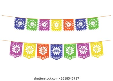 Set of Mexican flags. Decorations for holidays, weddings, parties. Isolated vector illustration.