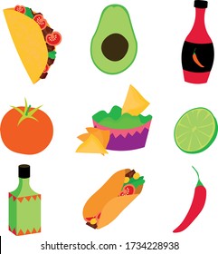 A set of Mexican food. Avocado, chili peppers, burritos, tacos, nachos and other delicious dishes. National cuisine.