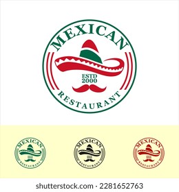 Set de comida mexicana logo restaurante logo con sombrero sombrero sombrero sombrero sombrero sombrero sombrero sombrero sombrero mexicano, emblema, pegatina, bigote de insignia para bocadillos mexicanos tradicionales o bar de bebidas. Diseño aislado de vectores para el menú de café picante