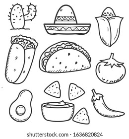 Set of mexican food doodle vector illustration in hand drawn style isolated on white background 