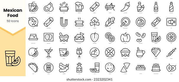 Conjunto de alimentos mexicanos Iconos. Paquete de iconos de estilo de arte de línea simple. Ilustración del vector