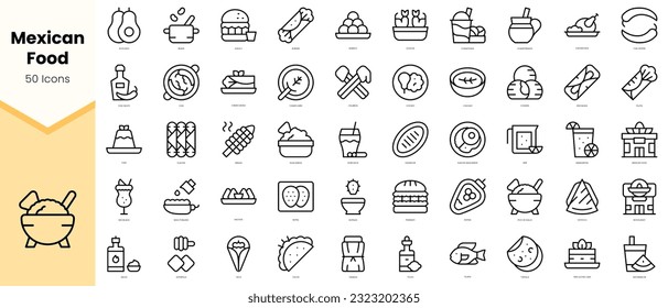 Set of mexican food Icons. Simple line art style icons pack. Vector illustration