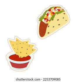 Set of Mexican food nachos and tacos stickers. Latin American cuisine. Fast food. Sticker. Icon