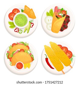 Set de comida mexicana en la vista superior. Cocina tradicional mexicana. Ilustración vectorial al estilo de la mosca. Platos con alimentos e ingredientes aislados en un fondo blanco. Burrito, guacamole, tacos, elote.