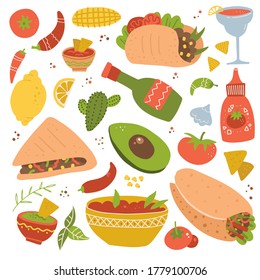 Set of Mexican food traditional menu icon, delicious recipes to cook, authentic cuisine, festival meal. Vector flat hand drawn cartoon illustration isolated on white background