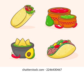 Cocina mexicana. Taco, burrito, guacamole, salsa de salsa, aguacate, nachos. Gastronomía latinoamericana. La comida tradicional mexicana de la calle. Diseño del concepto de comida. Estilo de caricatura plano. Ilustración de arte vectorial.