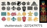 Set of Mexican gods symbols. Black and colored abstract aztec animal bird totem idols, ancient inca maya civilization primitive traditional signs. Vector indigenous culture symbols and mythic rituals.