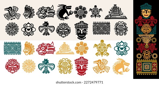 Set of Mexican gods symbols. Black and colored abstract aztec animal bird totem idols, ancient inca maya civilization primitive traditional signs. Vector indigenous culture symbols and mythic rituals.