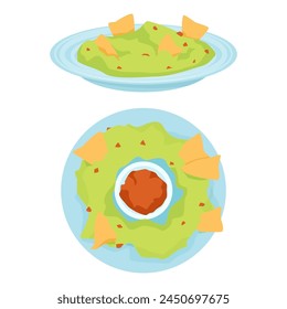 Set of Mexican guacamole plates with nachos 