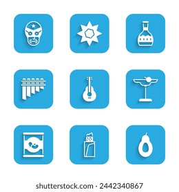 Set Mexican guitar, Burrito, Avocado, Margarita cocktail, Beans in, Pan flute, Tequila bottle and wrestler icon. Vector