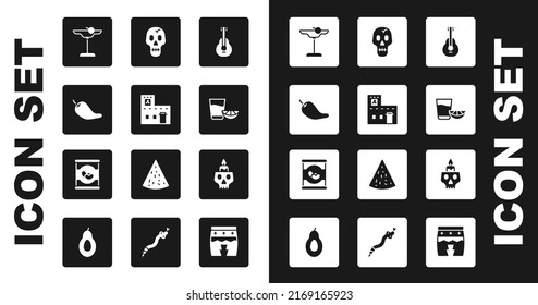 Set Mexican guitar, house, Hot chili pepper pod, Margarita cocktail, Tequila glass with lemon, Skull, Burning candle skull and Beans icon. Vector