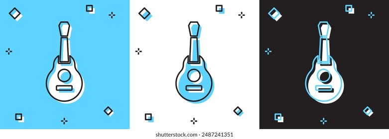 Icono de guitarra mexicana aislado en azul y blanco, fondo negro. Guitarra Acústica. Instrumento musical de cuerda.  Vector