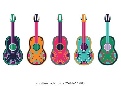 Set of Mexican guitars with ornaments. Vector illustration of a musical instrument.
