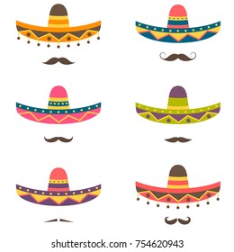 Set of Mexican hats and mustaches