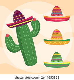 Set of Mexican hats sombreros with cactus. Vector graphics