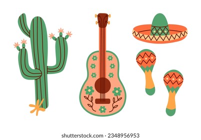 Conjunto de atributos de vacaciones mexicanas para la tarjeta festiva de maracas. Instrumentos musicales latinos tradicionales.