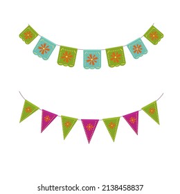 Set of Mexican holiday flags.Traditional accessory.Cartoon vector graphic.