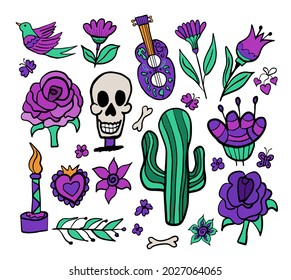 Set of mexican holiday symbols of day of dead including skulls, sombrero, music instruments isolated vector illustration
