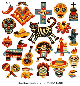 Set of mexican holiday symbols of day of dead including skulls, sombrero, music instruments isolated vector illustration    