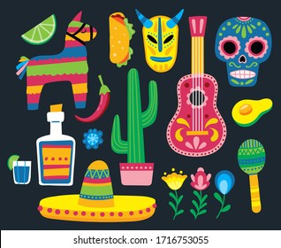 Set with mexican icons - skull, guitar, cactis, pinata, maracas, sombrero, tequila, avocado, lime, taco. Vector illustration isolated on black background for web.